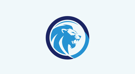Circular blue lion head logo with mane profile design. © ikk