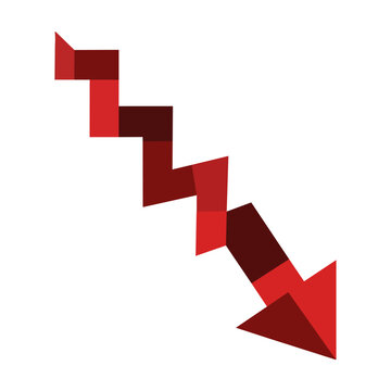 Vibrant red jagged arrow pointing downwards on a white background representing financial decline and business loss concept