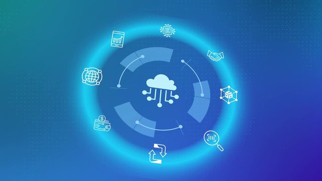 Cloud computing database icon on a modern blue interface showcasing secure remote storage, centralized network servers, and online hosting services.