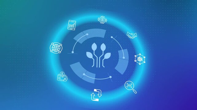 Digital plant leaf icon inside a glowing blue circuit circle for biotechnology research, sustainable green tech innovations, and eco engineering.