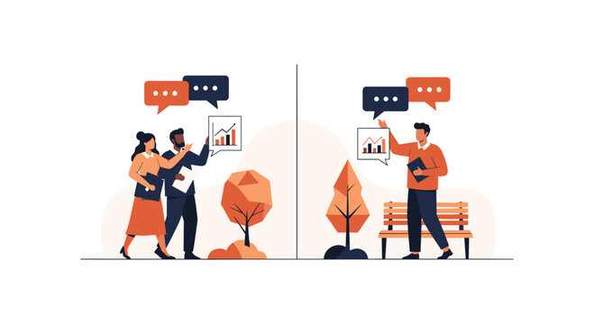 Professional business colleagues engage in data analysis and strategic planning while standing near stylized geometric trees under soft warm studio lighting.