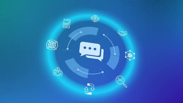 Messaging speech bubble icon on a glowing technology interface highlighting customer support automation, chatbot assistance, and digital communication.