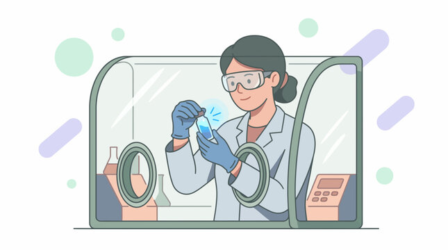 Female scientist working with samples in a laboratory glove box