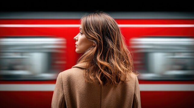 Woman watching a red train pass by in a blurred motion