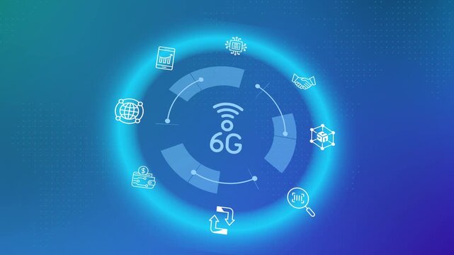High speed telecommunication background showing 6G cellular network signal transmission icon.