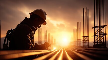 Fototapeta premium Construction worker welding at sunset on a construction site.