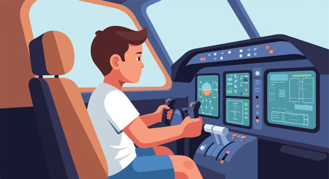 Young boy in aircraft cockpit with controls