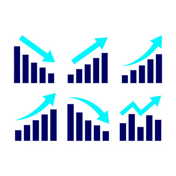 Set of bar charts with trend arrows showing growth, decline, and fluctuation business data analysis icons for financial reports, presentations, and infographics