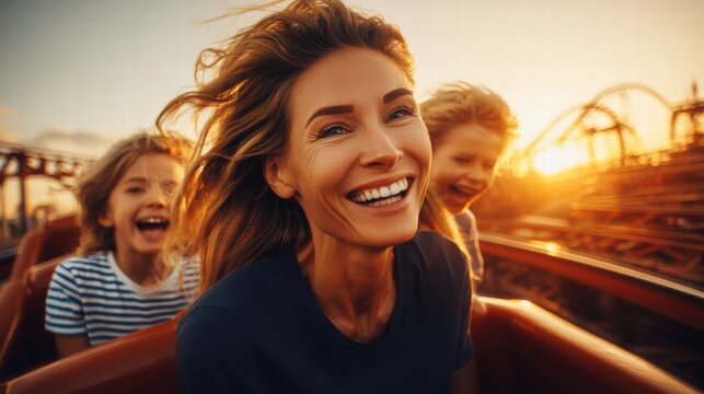 Joyful family riding a roller coaster at sunset
