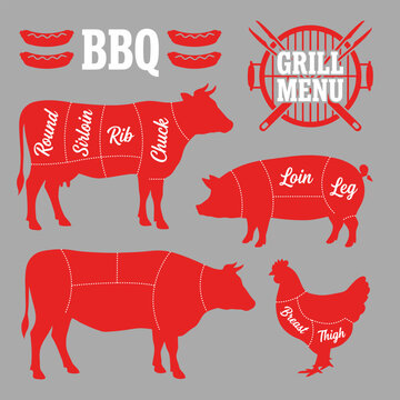 Bbq grill menu poster with silhouettes of cow, pig and chicken with meat cuts diagrams vector illustration of farm animals for butcher shop or restaurant menu design