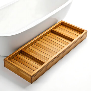 white bathtub with bamboo bath tray for spa bathroom lifestyle
