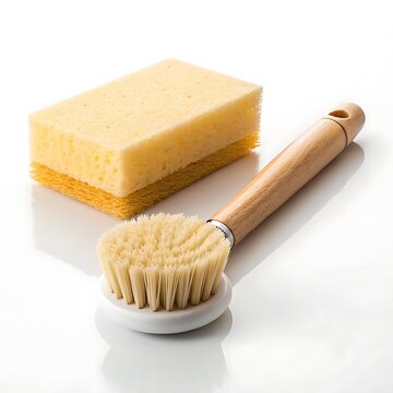 cleaning brush with sponge on white background for household supplies