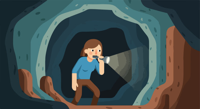 Person with flashlight exploring dark cave