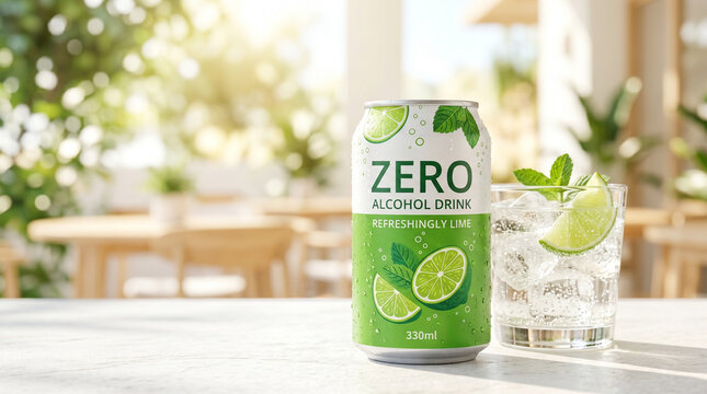 Zero alcohol drink can beside glass of ice and lime slices indoors  