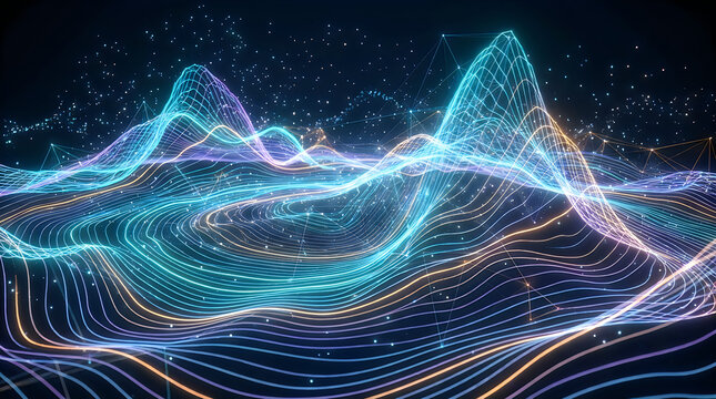 Abstract digital landscape with glowing blue and purple light waves and data lines on dark background
