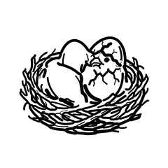 Obraz premium Minimalist black and white vector icon of a cracked bird egg hatching inside a cozy nest, symbolizing birth, new beginnings, and protection. 