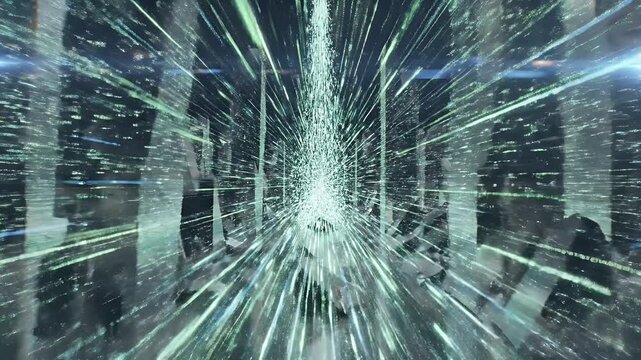 Futuristic abstract digital light speed travel through a glowing neon city tunnel.