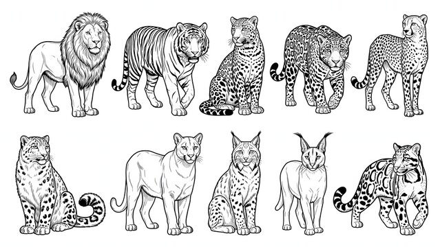 Big cats collection sketch vector illustration isolated on white background
