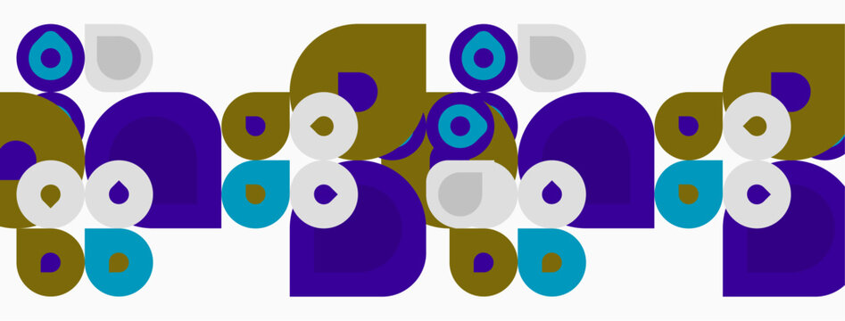 Abstract pattern features repeating shapes. Circles, squares, rectangles create midcentury modern aesthetic. Colors include blue, purple, gold, gray.
