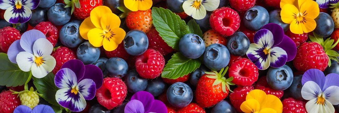 Colorful Mixed Berries With Edible Flowers Background Texture
