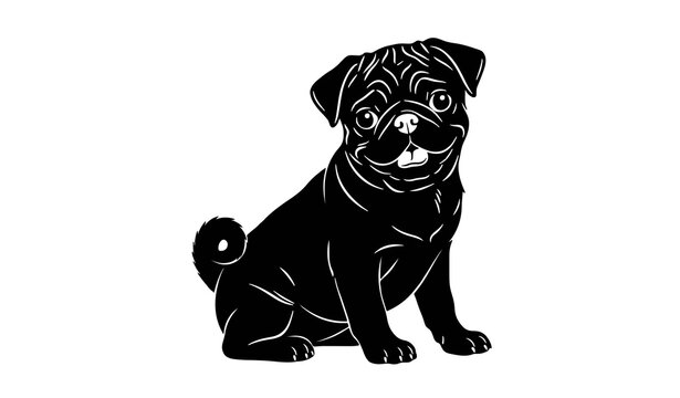 Happy Pug Puppy Black Silhouette Vector Illustration