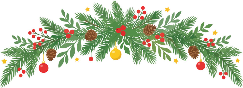 Christmas floral frame with pine branches, holly berries, and pinecones