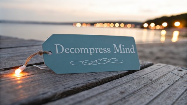 Tranquil Sign Decompress Mind on Beach with Soft Evening Lights
