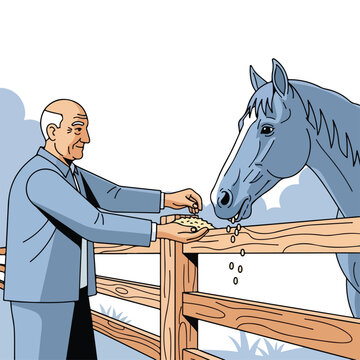 Man feeding a horse grain over a fence