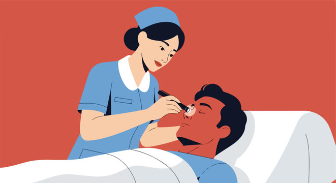 Nurse examines patient's eye with penlight in minimalist style