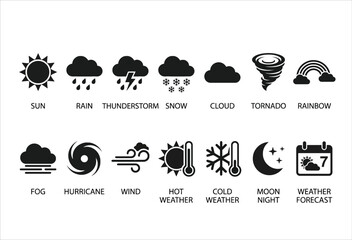 Fototapeta premium Weather Icons Set Flat Black Silhouettes On White Background