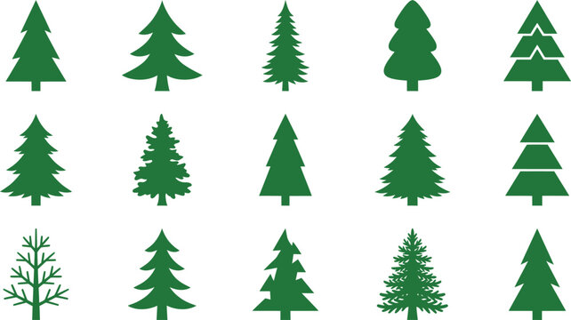 Collection of various green pine tree silhouettes isolated on white background