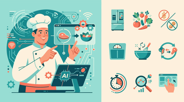 Flat vector illustration of a professional male chef in a white uniform using artificial intelligence on a digital interface for smart kitchen management, meal planning, and food data.