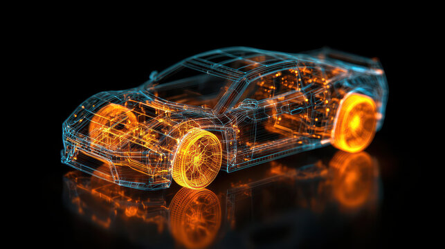 Futuristic digital illustration of transparent car with glowing orange and blue lines, showcasing intricate details and technology