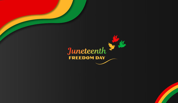 Juneteenth Freedom Day image with colorful birds flying happily on black background
