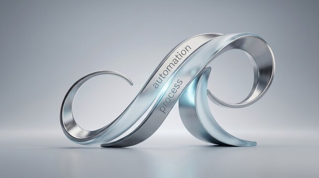 Metallic infinity loop symbol representing automation process concept with elegant curves and soft lighting on gray background