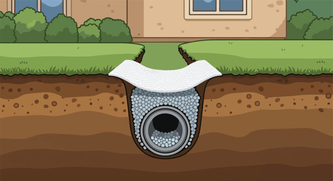 Cross-section of drainpipe installation with gravel and fabric