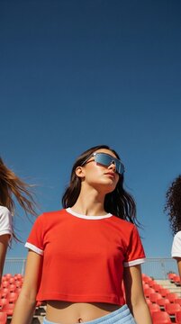 Low-angle portrait of a confident young woman in a retro red ringer crop top and futuristic sports sunglasses at an outdoor stadium.