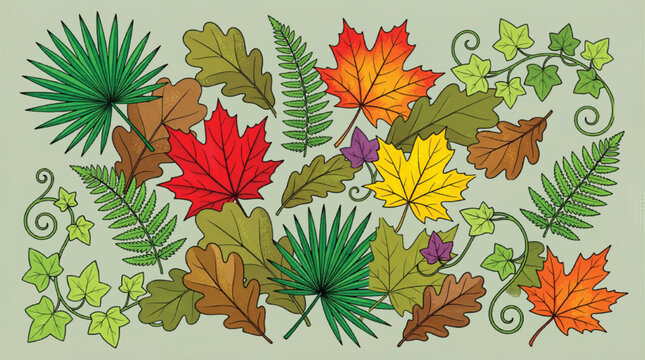 Autumn leaves and forest foliage vector background, colorful fall maple and oak leaf pattern, botanical nature illustration for seasonal design