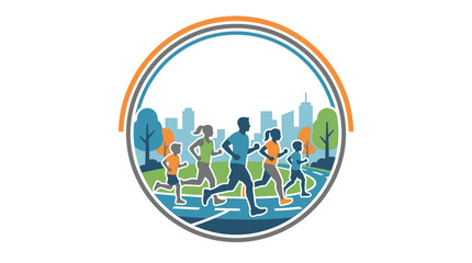 Obraz premium A diverse group of people running together in a circular graphic illustration.