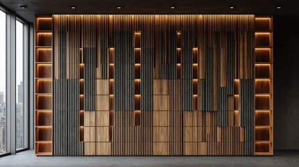 Fototapeta premium Modern interior wall design features a complex arrangement of vertical wooden slats and illuminated shelving
