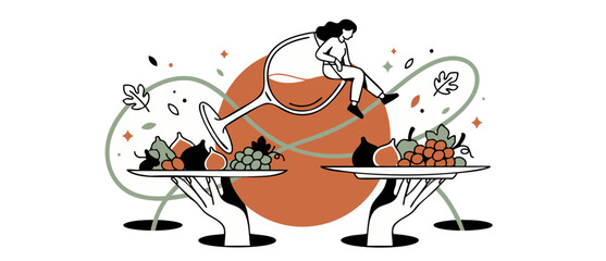 Fototapeta premium Wine tasting food pairing illustration with minimalist woman sitting on glass, autumn harvest fruit platters of grapes and figs held by hands, modern flat vector graphic for dining concept design.