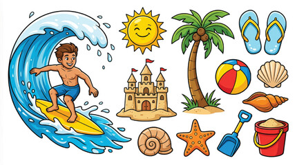 Cartoon summer beach vacation vector set, surfing boy and sandcastle illustrations, tropical holiday clip art collection for kids travel designs © Muhammad