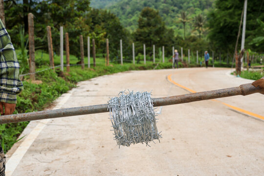 Focused rural worker carry heavy barbed wire roll on wooden pole across concrete road for agricultural farm boundary fence building with determined hardworking effort in green mountain landscape
