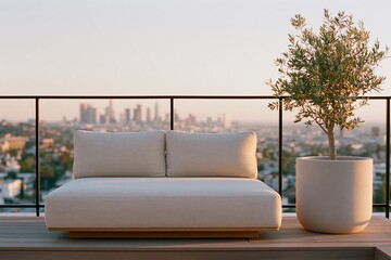 Fototapeta premium Luxury penthouse rooftop terrace featuring a modern white sofa and potted olive tree with a city skyline view in the background during sunset
