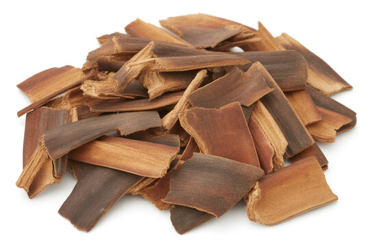 Pile of organic cinchona bark pieces on white background with cinchona, medicine
