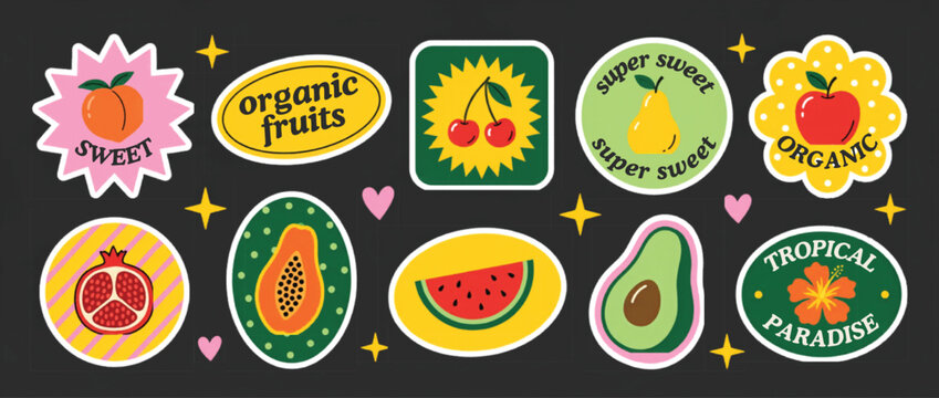 Retro organic fruit stickers collection, vintage aesthetic food labels with peach and avocado, colorful tropical paradise fruit vector set