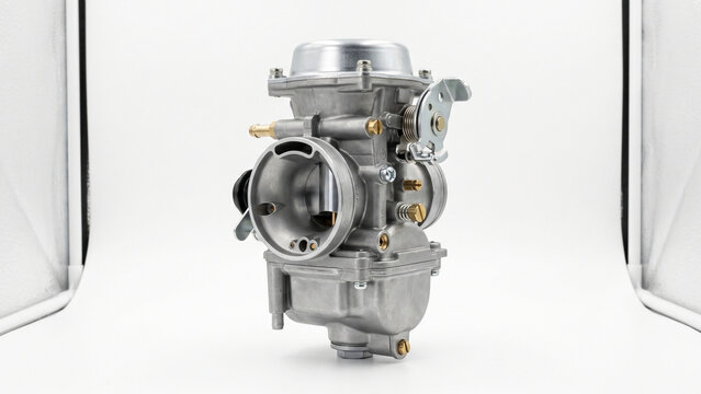 Detailed metallic carburetor isolated on transparent background with studio lighting