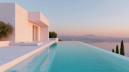 Fototapeta premium Luxury villa with infinity pool overlooking serene landscape at sunset, modern architecture and minimalist design elements create a tranquil atmosphere