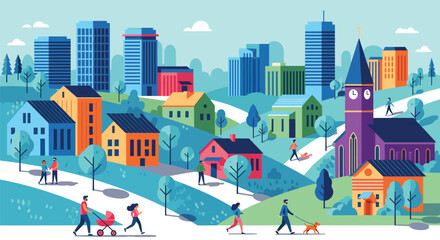 Fototapeta premium City Landscape Illustration Featuring Residential Homes, Skyscrapers, Parks, Pedestrians, and a Community Environment for Urban Lifestyle Designs
