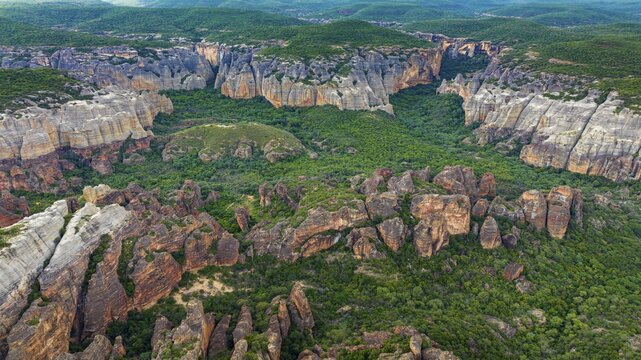 Aerial of the Sandstone cliffs in the Unesco site Serra da Capivara National Park, Piaui, Brazil